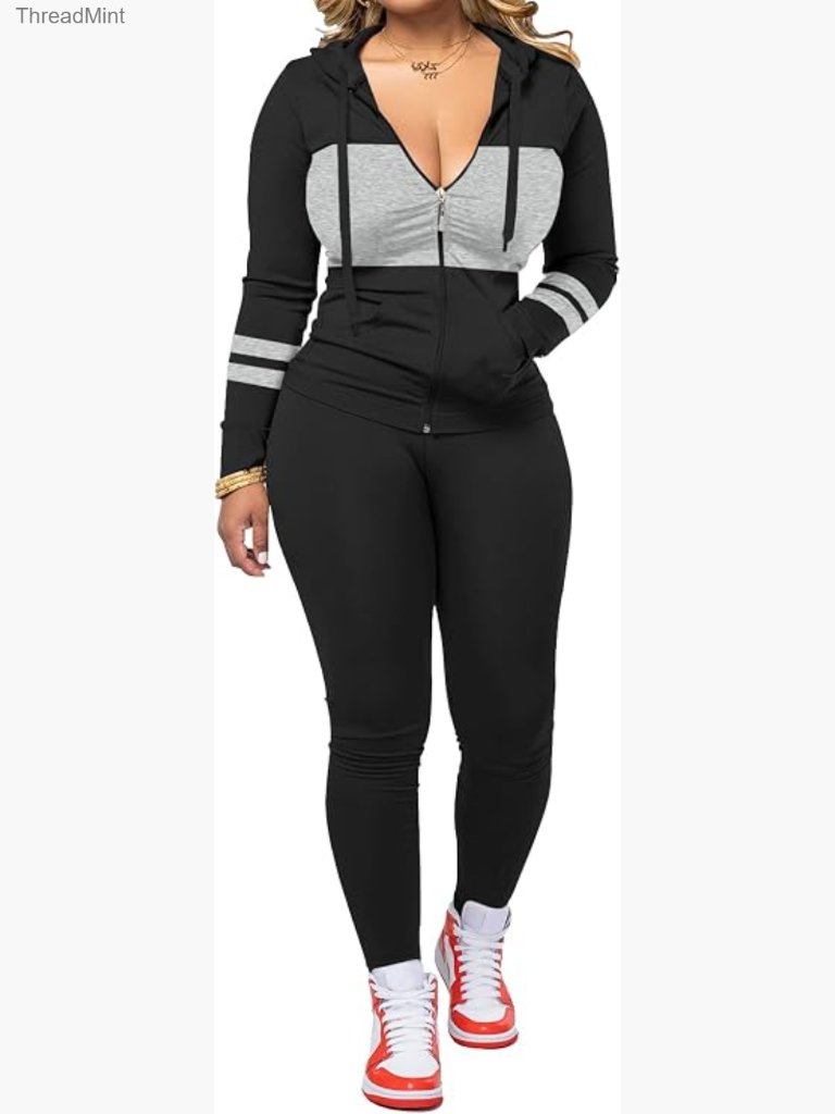 Women 2 Piece Color Block Zip Up Hoodie Jogger Set Workout Tracksuit Bodycon